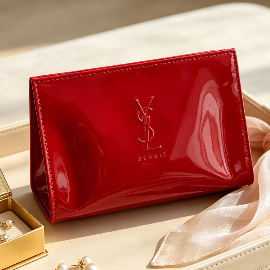 Luxury Skincare And Makeup Brands - YSL Red Patent Leather Cosmetic Bag